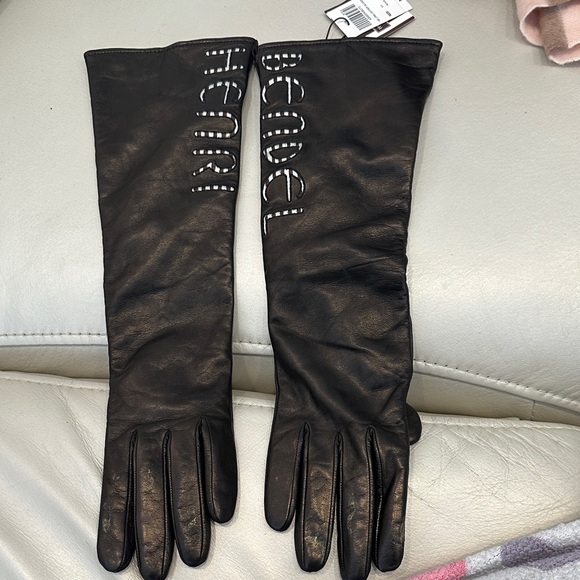 henri bendel Accessories - henri bendel Black Long Leather Gloves with Embellished Logo